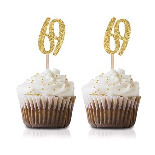 ゴールド Happy 69th Birthday カップケーキトッパー 24個パック Number 69 グリッター誕生日パーティーカップケーキトッパー デコレーション MAGJUCHE Gold Happy 69th Birthday Cupcake Topper, 24-Pack Number 69 Glitter Birthday Party Cupcake