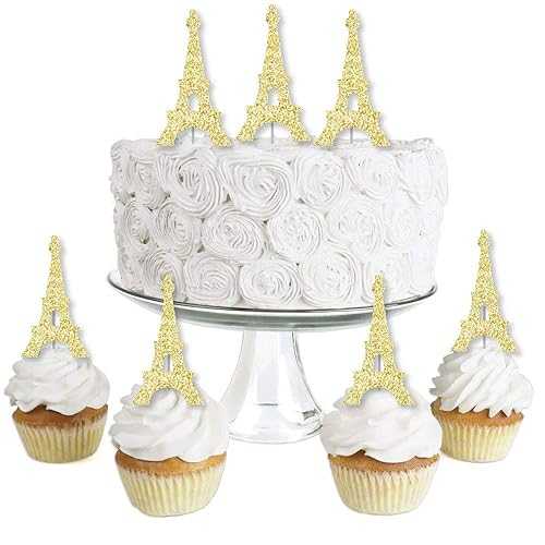 Big Dot of Happiness Gold Glitter Eiffel Tower - No-Mess Dessert Cupcake Toppers - Paris Themed Baby Shower or Birthday Party Clear Treat Picks - Set of 24