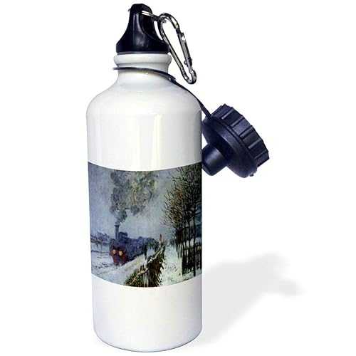 3dRose "Monet Train In Snow" Sports Water Bottle, 21 oz, White