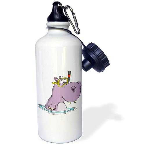 3dRose Funny Cute Snorkeling Swimming Hippo Sports Water Bottle, 21 oz, White