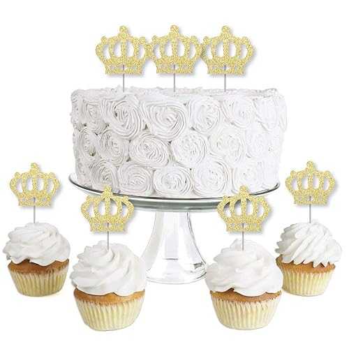 Big Dot of Happiness Gold Glitter Prince Crown - No-Mess Real Gold Glitter Dessert Cupcake Toppers - Royal Prince Charming Baby Shower, Birthday Party Clear Treat Picks - Set of 24