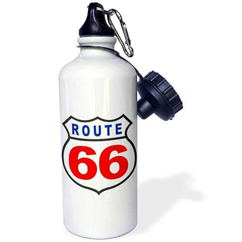 3dRose "Red and Blue Route 66" Sports Water Bottle, 21 oz, White