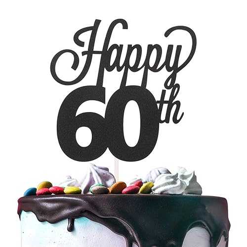 LINGTEER Happy 60th Birthday Black Cake Topper - Cheers to 60th Birthday Sixty Years Old Birthday Party Gift Decorations Sign.