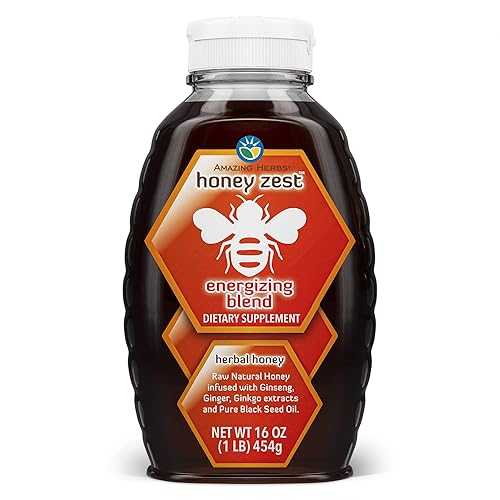 Amazing Herbs Raw Natural Honey - Herbal Honey Infused with Ginseng, Ginger, Ginkgo Extracts & Pure Black Seed Oil, Non GMO, Gluten Free Booster - Honeyzest Energizing Blend, 16 Fl Oz