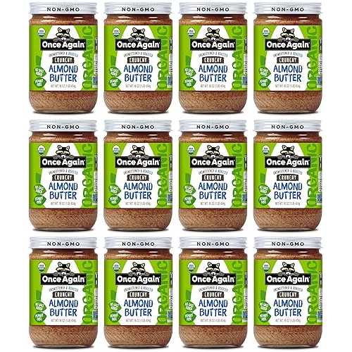 Once Again Organic Crunchy Almond Butter, 16oz - Roasted - Salt Free, Unsweetened - USDA Organic, Gluten Free Certified, Peanut Free, Vegan, Kosher, Paleo - Glass Jar - Case of 12