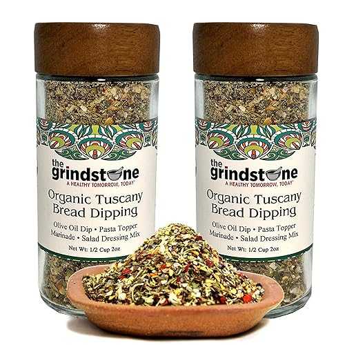 The Grindstone, Organic Tuscany bread dipping mix, perfect seasoning spice with extra virgin olive oil, bread, pasta topper, 2 oz. glass bottle with sifter, Pack of 2