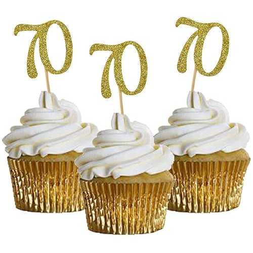 HOKPA Cupcake Toppers 70th Birthday, Golden Glitter Number 70, Cake Picks for Birthday Celebrating, Anniversary Party Decor (24PCS)