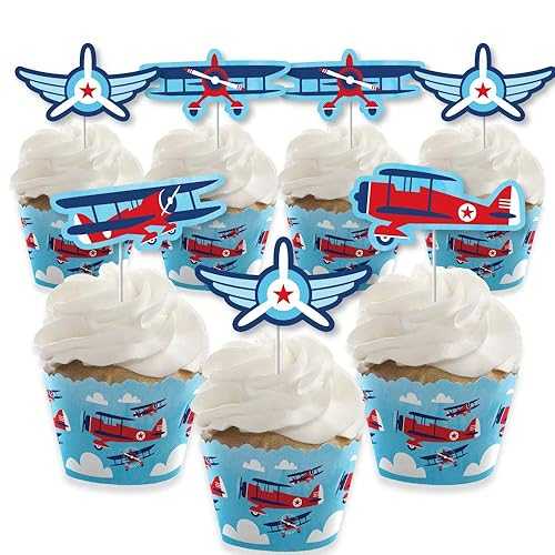 Big Dot of Happiness Taking Flight - Airplane - Cupcake Decoration - Vintage Plane Baby Shower or Birthday Party Wrappers and Treat Picks Kit - Set of 24