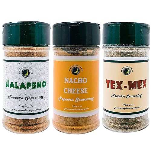 June Moon Spice Company Popcorn Seasoning Variety 3 Pack Jalapeno Popcorn Seasoning Tex-Mex Popcorn Seasoning Nacho Cheese Popcorn Seasoning Calorie Free Crafted in Small Batches 3.5 fl. oz. Shakers Premium Savory Popcorn