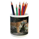 Ambesonne Animal Pencil Pen Holder, Tiger Couple in the Jungle on Big Rocks Imag...