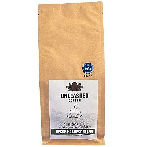 Unleashed Coffee Harvest Blend Swiss Water Decaf Coffee Medium Roast 100% Arabica Ground Coffee Chemical Free Decaf Coffee Single Origin 2 lb Bag
