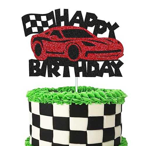 YOYMARR Car Cake Topper Happy Birthday Sign Cake Decorations for Man Kids Boys Racing Car Checkered Flag Themed Bday Party Supplies Double Sided Black Sparkle Decor