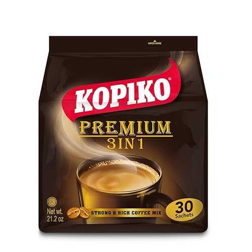 KOPIKO Premium 3 in 1 Instant Coffee Mix Authentic Indonesian Volcanic Coffee, Strong Yet Smooth, Pre-Mixed with Creamer & Sugar (21.2 OZ in 30 Coffee Sachets)
