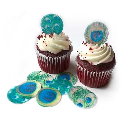 Deco Machine 48 Assorted Blue Teal Green Edible Wafer Paper Peacock Feathers Very Small Mini 1" Feather Cake Cupcake Toppers Decoration