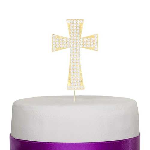 Ella Celebration Cross Cake Topper, Religious Wedding, Baptism, Christening, Dedication, First Communion, Christian Decoration (Gold)