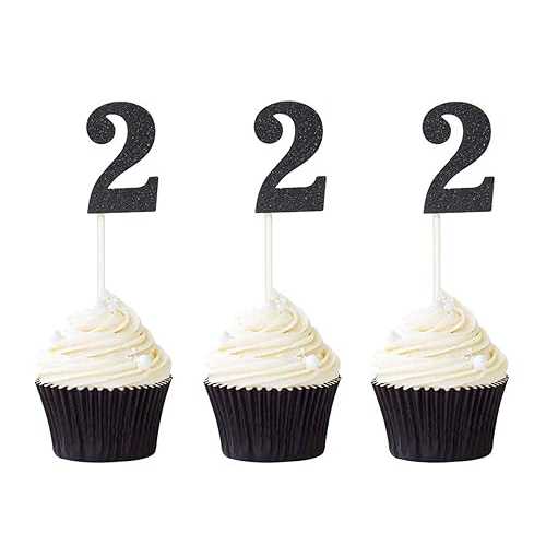 ナンバー 2 カップケーキトッパー 24 個パック ブラックグリッター 2 歳の誕生日カップケーキピック 記念日パーティーの装飾 Suntop Crafts Pack of 24 Number 2 Cupcake Toppers Black Glitter 2nd Birthday Cupcake Picks Anniversary Party Dec