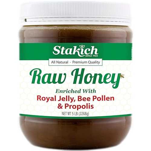Stakich Royal Jelly, Bee Pollen, Propolis Enriched Raw Honey - Pure, Unprocessed, Unheated - 5 Pound (80 Ounce) Stakich Royal Jelly, Bee Pollen, Propolis Enriched Raw Honey - Pure, Unprocessed, Unheated - 5 Pound (80 Ounce)