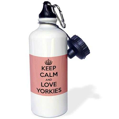 3dRose Keep Calm and Love Yorkies, Pink and Brown Sports Water Bottle, 21 oz, White