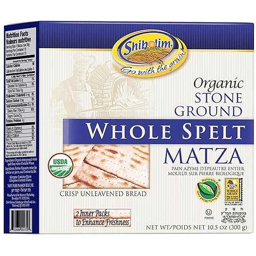 Shibolim Organic Whole Spelt Matzo, 10.5oz Unsalted Whole Grain Crisp Spelt Crackers Two Stay Fresh Packs Per Box to Mantain Freshness Certified Kosher