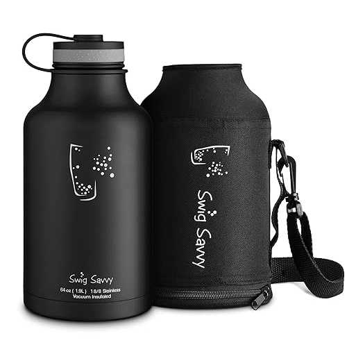 Swig Savvy Vacuum Insulated Stainless Steel Double Wall Wide Mouth Sports Water Bottle with Storage Sleeve, 64 Ounces, Black