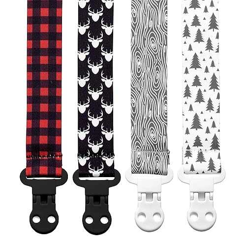 Stadela Baby Pacifier Clip Holder - Boy 4 Pack Gift Set Plaid Deer Forest Woodland Trees Red Black Gray (Lumberjack)