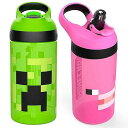 Zak Designs Minecraft キッズ ウォーターボトル ストローと内蔵キャリングループセット付き、プラスチック製、漏れ防止ウォーターボトルデザイン...