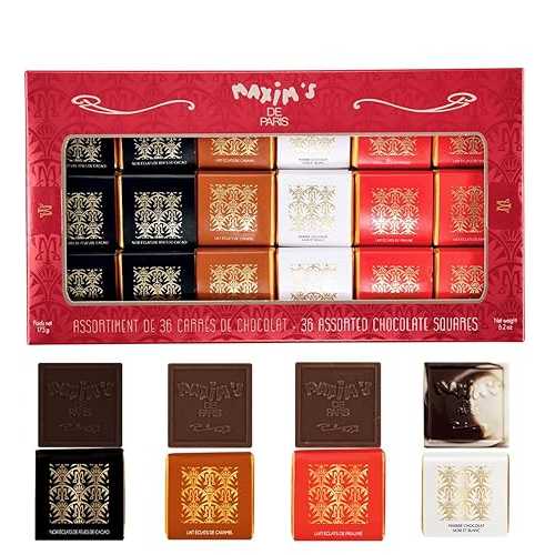 Maxim's De Paris - Assorted Chocolate Squares Gift Box Individually Wrapped, Dark Chocolate, Milk Chocolate, Milk chocolate Caramel, Marbled White and Dark Chocolate, 36 Pcesのサムネイル