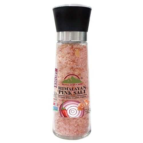 Himalayan Chef Pink Salt with Roasted Onion & Red Crushed Pepper, Tall Glass Grinder, 10.58 Oz
