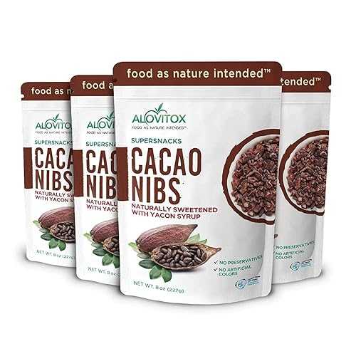 Cacao Nibs Naturally Sweetened with Yacon Syrup Raw Organic, Sugar Free, Keto, Paleo and Vegan Friendly and Protein Rich Criollo Chocolate Snack by Alovitox 2 lb (4 x 8 oz)