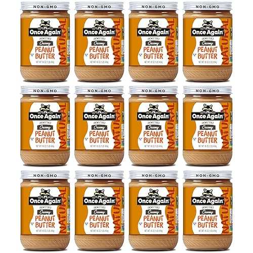 Once Again Natural, Creamy Peanut Butter, 16oz - Lightly Salted, Unsweetened - Gluten Free Certified, Vegan, Kosher, Non-GMO Verified - Glass Jar (12 Pack)