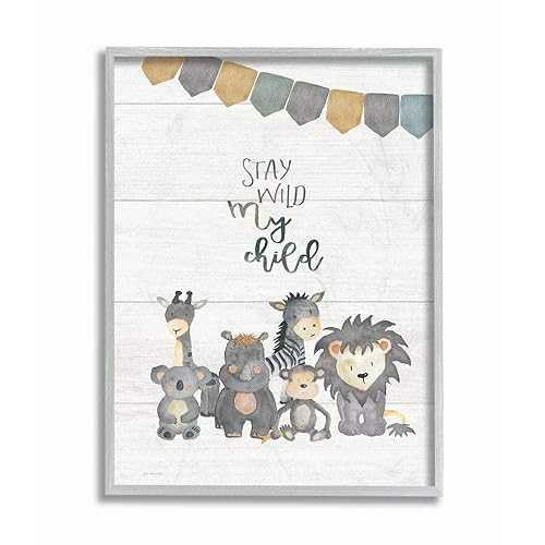 Stupell Industries Stay Wild My Child Animals Grey Framed Wall Art, 16...