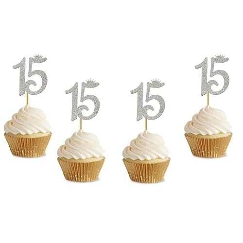 vaujory 24 Pack of Number "15" Cupcake Toppers Glitter Sliver 15th Birthday Party Anniversary Party Cupcake Toppers
