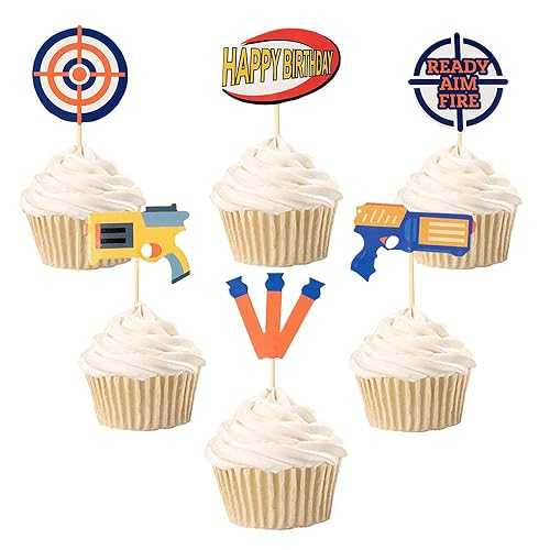 BCHOCKS Cupcake Toppers for Dart War Party, Gun Picks Target Birthday Bullet War Cake Topper - Set of 24