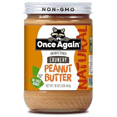 Once Again Natural, Crunchy Peanut Butter, 16oz - Salt Free, Unsweetened - Gluten Free Certified, Vegan, Kosher, Non-GMO Verified - Glass Jar Once Again Natural, Crunchy Peanut Butter, 16oz - Salt Free, Unsweetened - Gluten Free Certified, Vegan, Kosher, Non-GMO Verified - Glass Jar