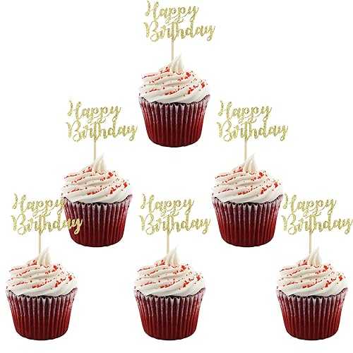 Sumerk 24PCS Happy Birthday Cupcake Toppers Gold Glitter Birthday Cake Picks Party Supplies (Gold-Normal Version)