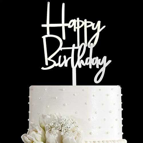 Happy Birthday アクリルケーキトッパー パーティーデコレーション (ミラーシルバー) JIEEIN Happy Bir..