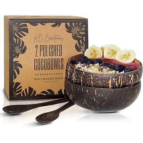 KC Creations Two Polished Coco Bowls with Palmyra Wood Spoons, LakPuka...