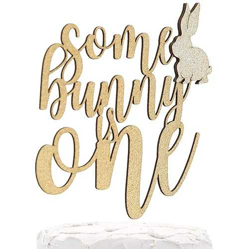 NANASUKO ケーキトッパー - Somebunny is One - 両面ゴールドグリッター、ライトゴールドバニー付き - プレミアム品質 米国製 NANASUKO Cake Topper - Somebunny is One - Double Sided Gold Glitter with Light Gold Bunny - Premium quality