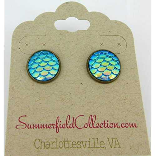 アンティーク ゴールドトーン メタリック マーメイド スケール スタッド ピアス 12mm ブルー グリーン AB Summerfield Collection Gold-tone Metallic Mermaid Scale Stud Earrings 12mm Blue Green AB