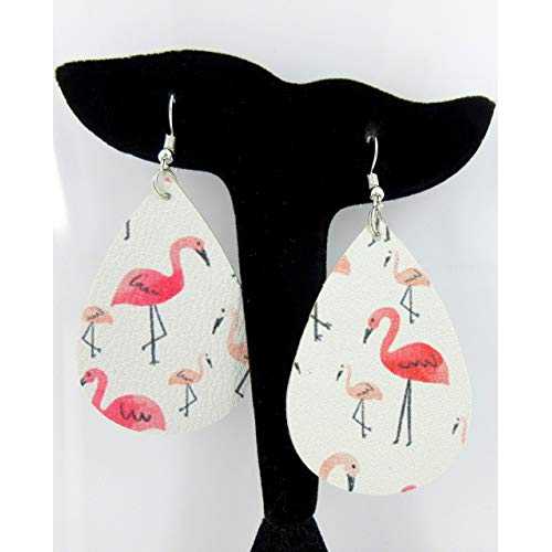 ホワイトとピンクのフラミンゴ フェイクレザー ラージ ティアドロップ ダングル イヤリング Summerfield Collection White and Pink Flamingo Faux Leather Large Teardrop Dangle Earrings