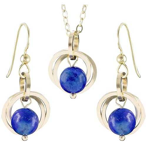 Blue Lapis Lazuli Real Gemstone 14K Gold-Filled Pendant Necklace and Dangle Earr...