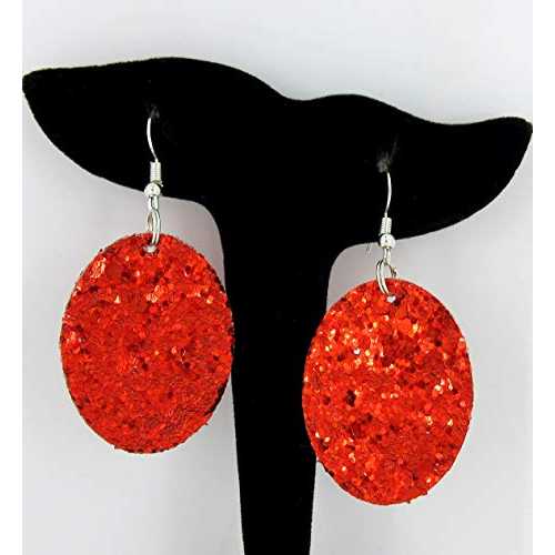 レッドグリッターフェイクレザーオーバルダングルイヤリング Summerfield Collection Red Glitter Faux Leather Oval Dangle Earrings