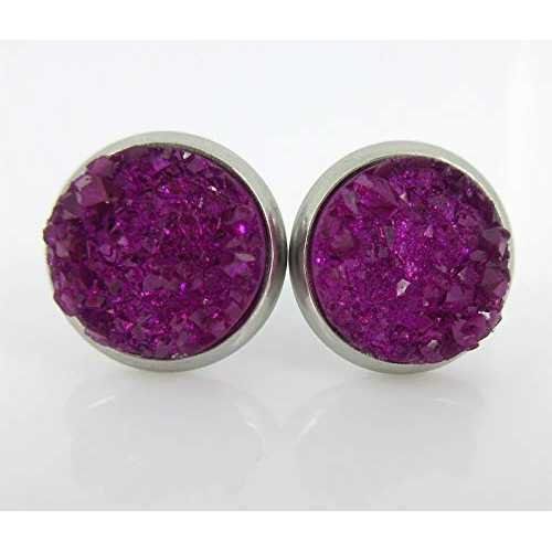 ステンレススチール ディープ マゼンタ フェイク ドゥルージー ストーン スタッド ピアス 10mm Summerfield Collection Stainless Steel Deep Magenta Faux Druzy Stone Stud Earrings 10mm