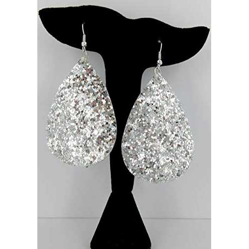 シルバーグリッターフェイクレザーラージティアドロップダングルイヤリング Summerfield Collection Silver Glitter Faux Leather Large Teardrop Dangle Earrings