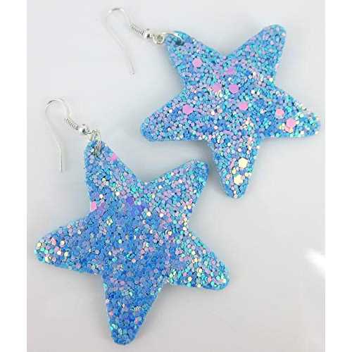 スカイブルーとABグリッターフェイクレザーラージスターダングルイヤリング Summerfield Collection Sky Blue and AB Glitter Faux Leather Large Star Dangle Earrings
