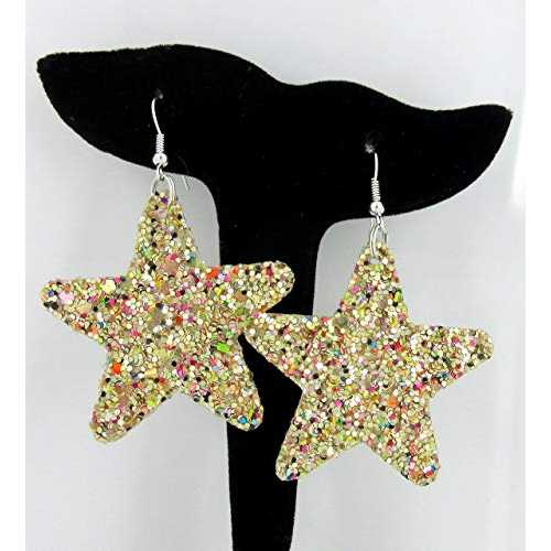 ゴールドとレインボーグリッターフェイクレザーラージスターダングルイヤリング Summerfield Collection Gold and Rainbow Glitter Faux Leather Large Star Dangle Earrings