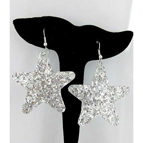 シルバーグリッターフェイクレザーラージスターダングルイヤリング Summerfield Collection Silver Glitter Faux Leather Large Star Dangle Earrings