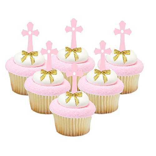 初聖体/洗礼/洗礼/ウェディングケーキ&カップケーキデコレーショントッパー (ピンククロスピックゴール..