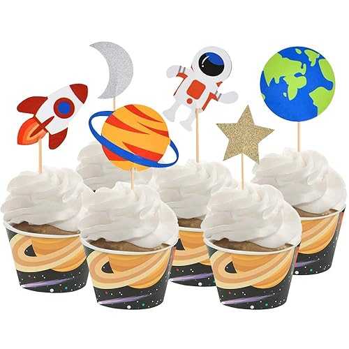 BCHOCKS 30pcs Outer Space Cupcake Toppers, Planet Party Supplies - Birthday Decorations, Rocket,..