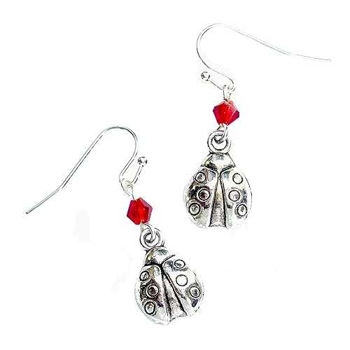 シルバートーンのてんとう虫、赤いガラスビーズのイヤリング、昆虫ジュエリー、昆虫学者のカブトムシ愛好家へのギフト Generic Silver Tone Lady...